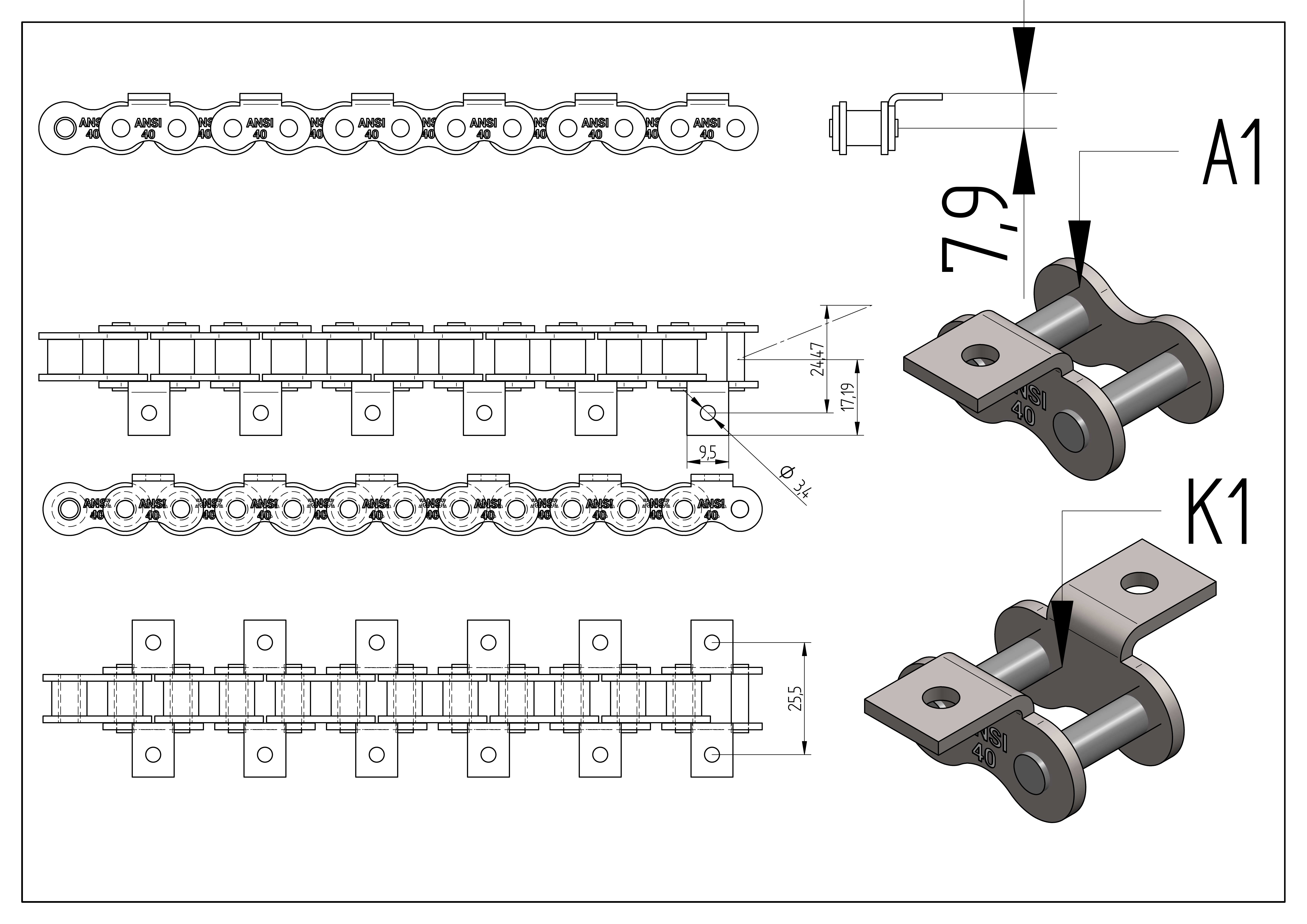 3D file ROLLER CHAIN ANSI 40 WITH ATTACHMENT A1 AND K1・3D printing